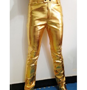 Silver light gold straight long length fashion men's male mans motor cycle leather stage performance  competition party cos play singer jazz hip hop dance dancing pants trousers 